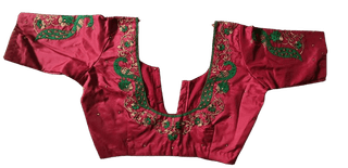 Red and green embroidered boat neck blouse