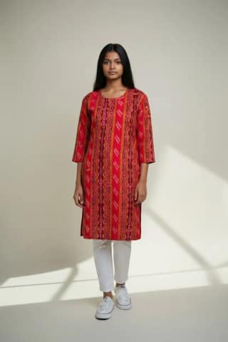Sambalpuri Ikat Ornate Crimson-Odisha Handloom Cotton Kurti