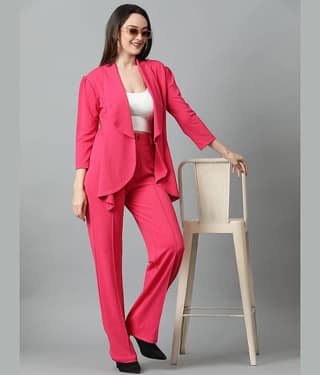 kotty Women Solid Blazer With Trousers Co-Ord Set ( Pink )