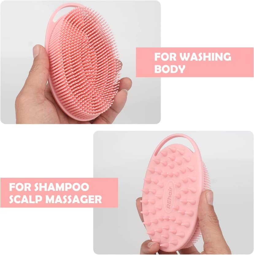 REhair Ultra Soft 2-in-1 Body & Shampoo Brush, Exfoliating Silicone Bath Scrubber, Premium Silicone Loofah, Scalp Massager (Pink with Handle) REhair Ultra Soft 2-in-1 Body & Shampoo Brush, Exfoliating Silicone Bath Scrubber, Premium Silicone Loofah, Scal view 2