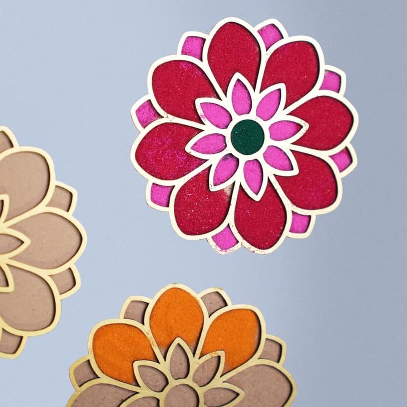 The Mohraj Premium Round DIY Diwali Rangoli Kit with 3 Stencils and 4 Festive Colors view 2