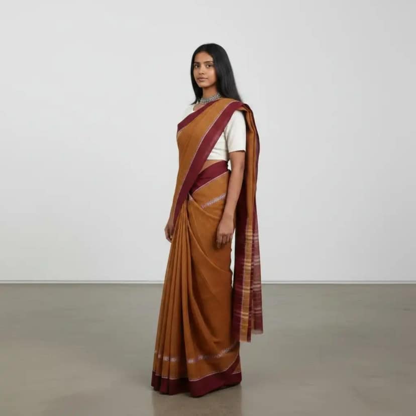Narayanpet Handloom Cotton Saree in Mustard with Chikki Paras Border view 2