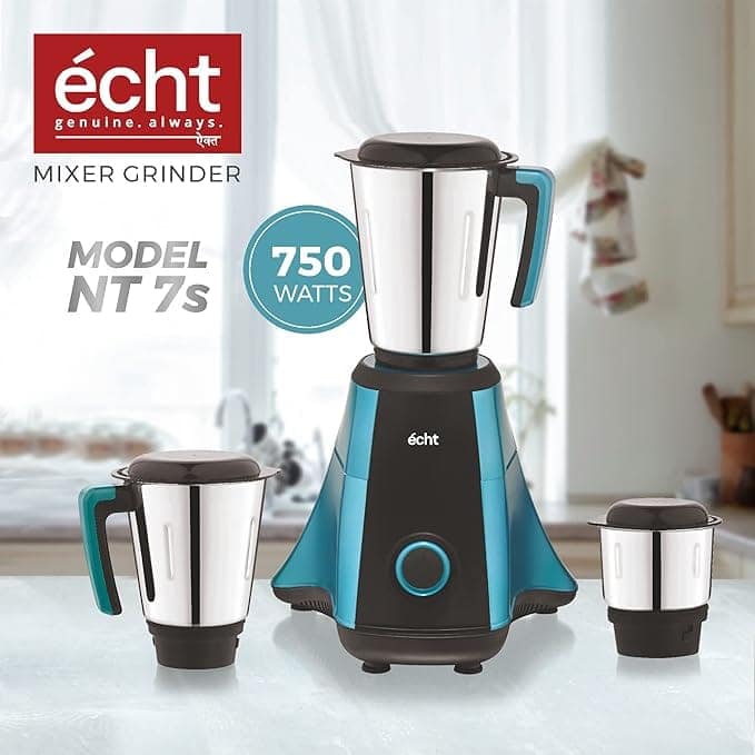 Echt NT 7s Mixer Grinder 750 Watt, 3 Stainless Steel Jars,Wet Jar (1500 ml), Multipurpose Jar (1000 ml), Chutney Jar (300ml); with 3 Speed Control, with 2 years warranty, Blue view 2
