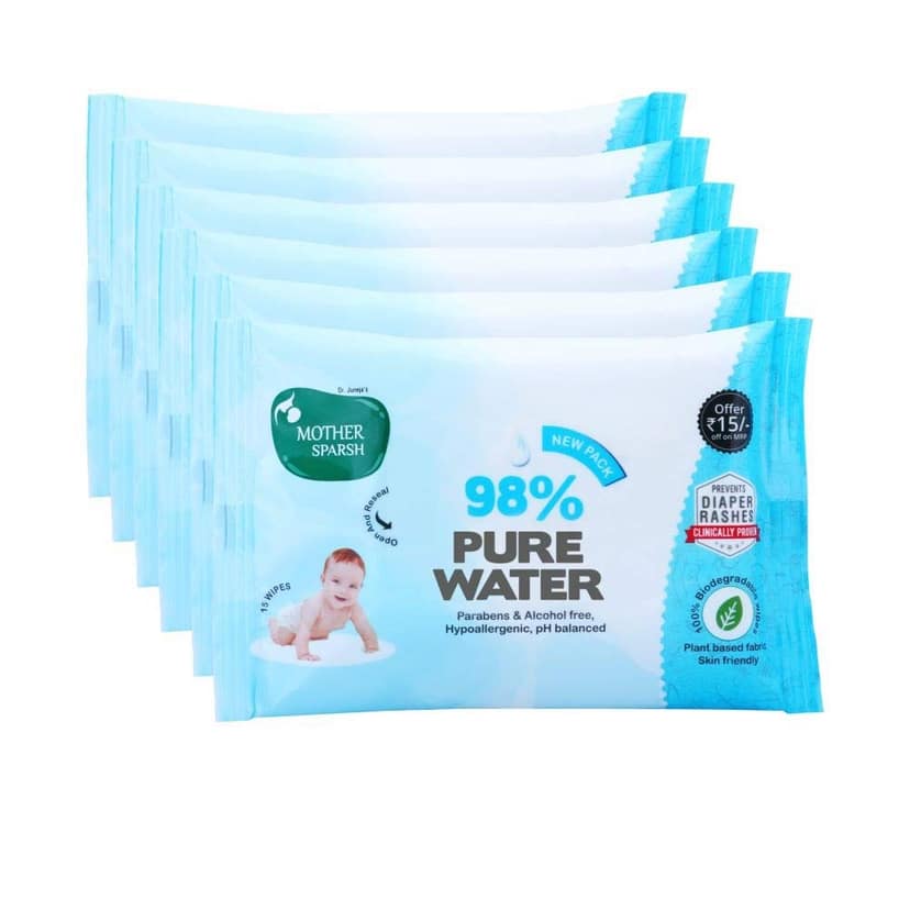 Mother Sparsh Cotton Scented Water Plant Fabric, Biodegradable Wipe (Blue, 15 Wipes) - Pack of 6 Mother Sparsh Cotton Scented Water Plant Fabric, Biodegradable Wipe (Blue, 15 Wipes) - Pack of 6 - white / 15 count (Pack of 6)