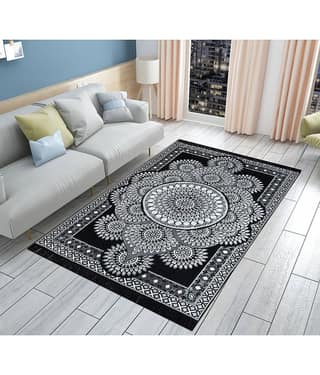 FURNISHING HUT Black Cotton Carpet Abstract 5x7 Ft