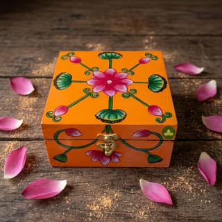 Hand Painted Pichwai Art Wooden Orange Color Square shape Storage Box