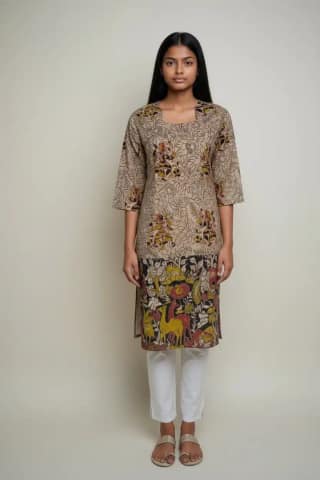 Kalamkari Print Cotton Kurti Mustard Yellow Black