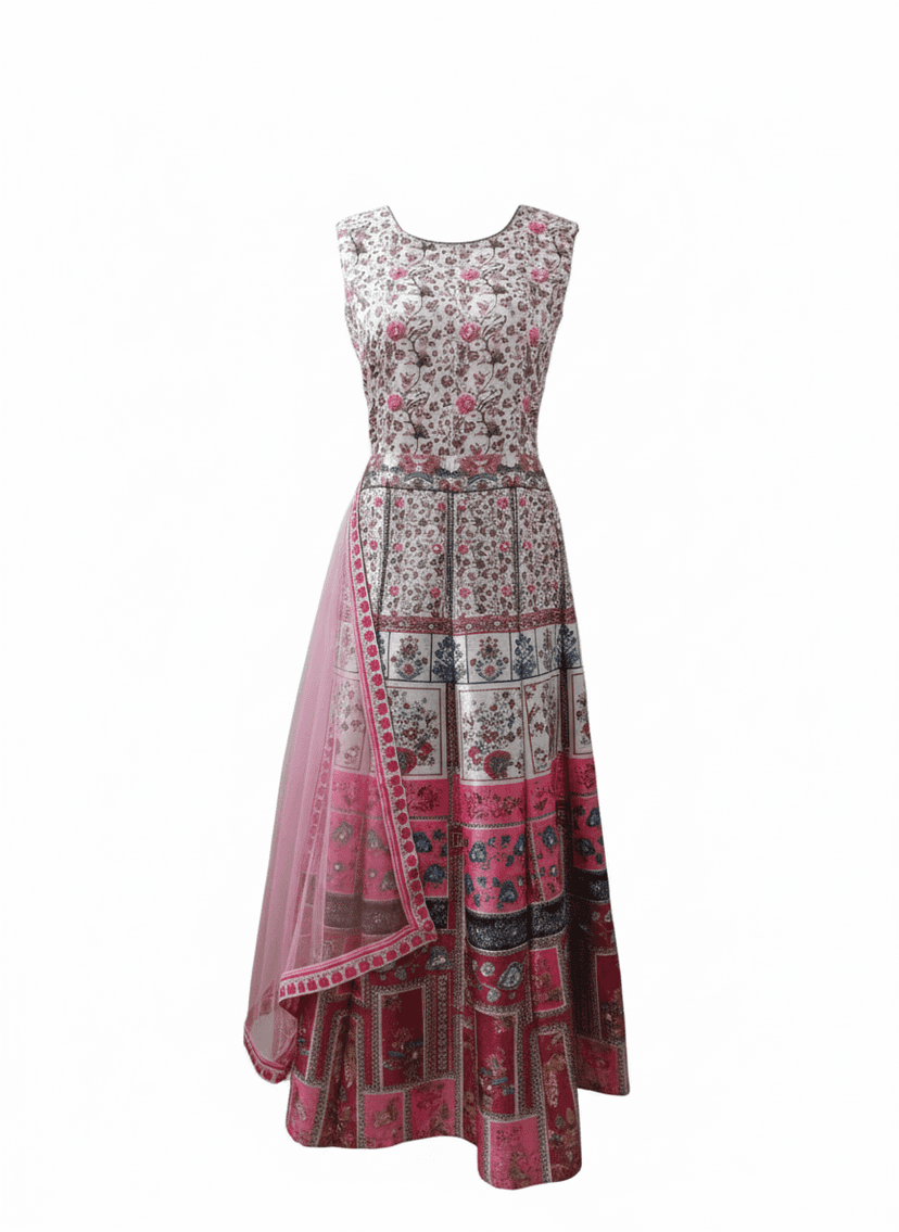 99ladies Store Contemporary Multi-Color Abstract Print Sleeveless Gown with Embellished Waistband