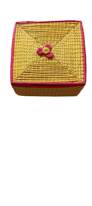 Handcrafted Woven Decorative Container - Colorful Artisanal Vase with Vibrant Pink, Yellow, and Green Shades, Unique Star or Sunburst Shape, Ideal Gift for Home Decor Enthusiasts and Interior Designers