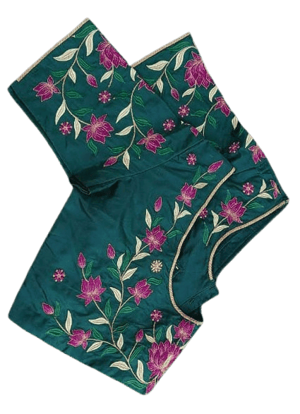 Green blouse with pink and gold floral embroidery