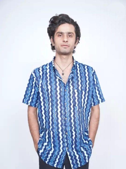 Men's Blue Hand Block Printed Cotton Shirt 1 SET( M,L,XL)