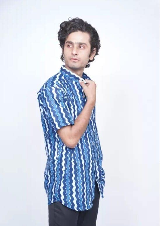 Men's Blue Hand Block Printed Cotton Shirt 1 SET( M,L,XL) view 2