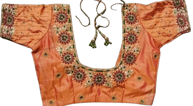 **Title:** Embroidered Orange Silk Saree Blouse With Floral Motifs