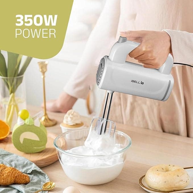 iBELL WHISK350 Electric Hand Mixer - 350W with 5 Speed Control, Stainless Steel Beaters & Dough Hooks for Baking, Whipping & Mixing (White) view 2