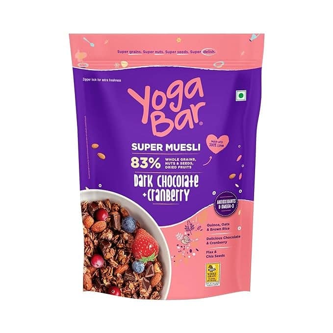 Yogabar Dark Chocolate Muesli & Cranberry 700g Breakfast Cereal with 83% Nuts & Seeds, Dried Fruits, & Whole Grains Vegan & Gluten Free Snack Yogabar Wholegrain Breakfast Muesli Dark Chocolate + Cranberry, 700g (Pack of 2) (Super Saver Pack) | Healthy Ce view 2