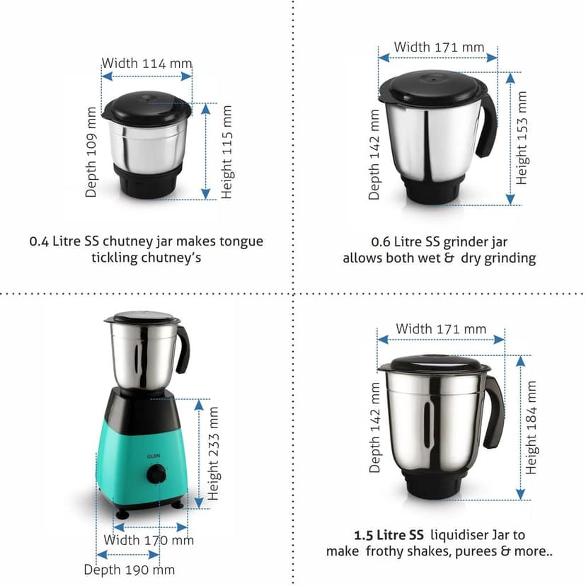 Mixer Grinder 500W with 3 Stainless Steel Liquidiser, Grinder and Chutney Jars - Black & Green (4023) view 2