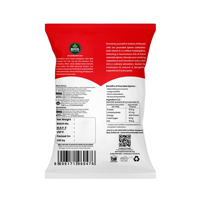 BMS NATURALS Pounded Red Chilli Powder, 100% Pure, No Added Colour & Preservatives, 500g view 2