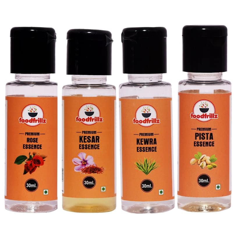 foodfrillz Pista, Rose, Kewra & Kesar Pack of 4 Food Flavour Essence, 30 ml x 4
