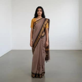 Handwoven Kanchipuram Cotton Saree in Beige with Golden Temple Border