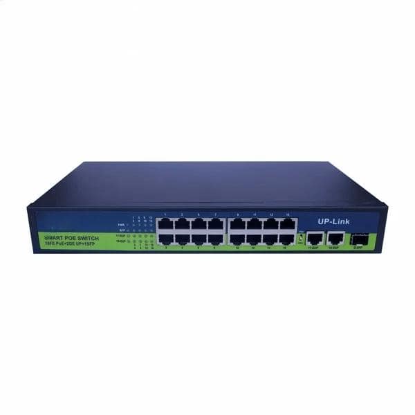 PoE Ethernet Switch Ai Poe (16Ge+2Ge+2Sfp) Over Ethernet Switch Full Giga Port, 802.3Af/At Poe+ 100MB-ps, 450W BuiltIn Power, Extend To 250Meter, Unmanaged Metal Plug And Play