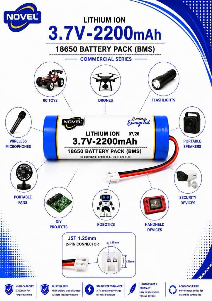 NOVEL 3.7V 18650 BMS LITHIUM ION BATTERY WITH JST 1.25mm PIN - 2200mAh view 2
