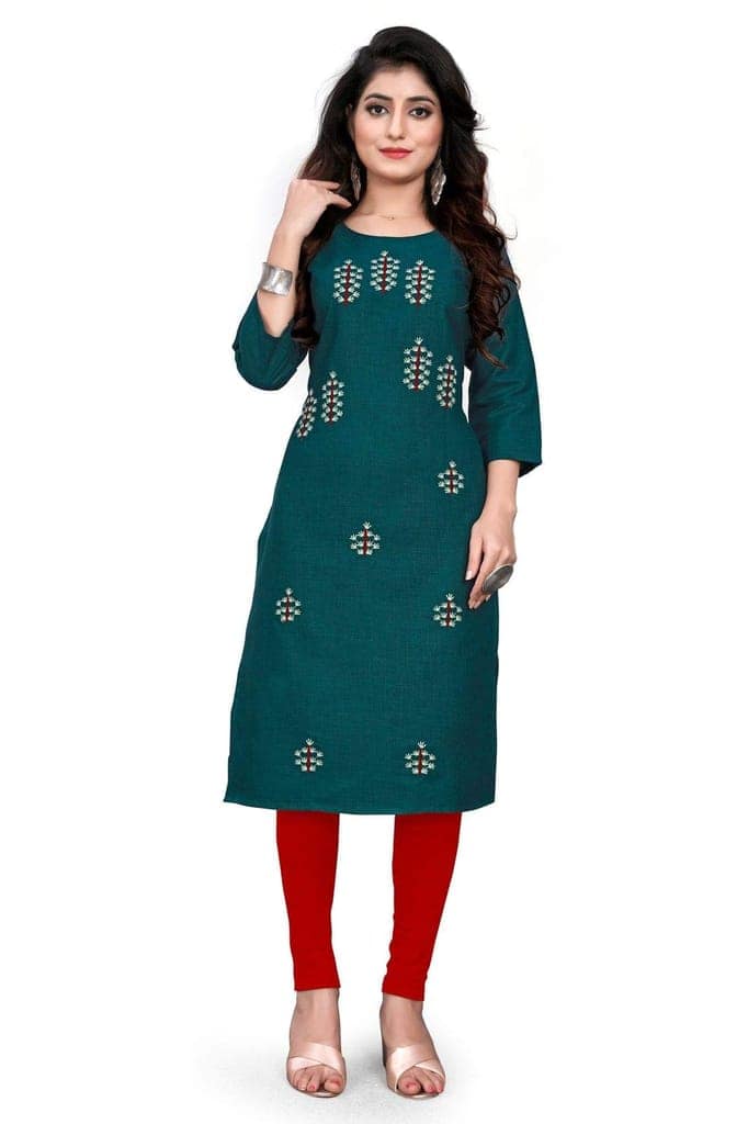 STYLEOO Ruby Slub 3/4 Sleeves Embroidered Kurti for Women's Combo Pack (Blue and Green) (M, L, XL, XXL) view 2