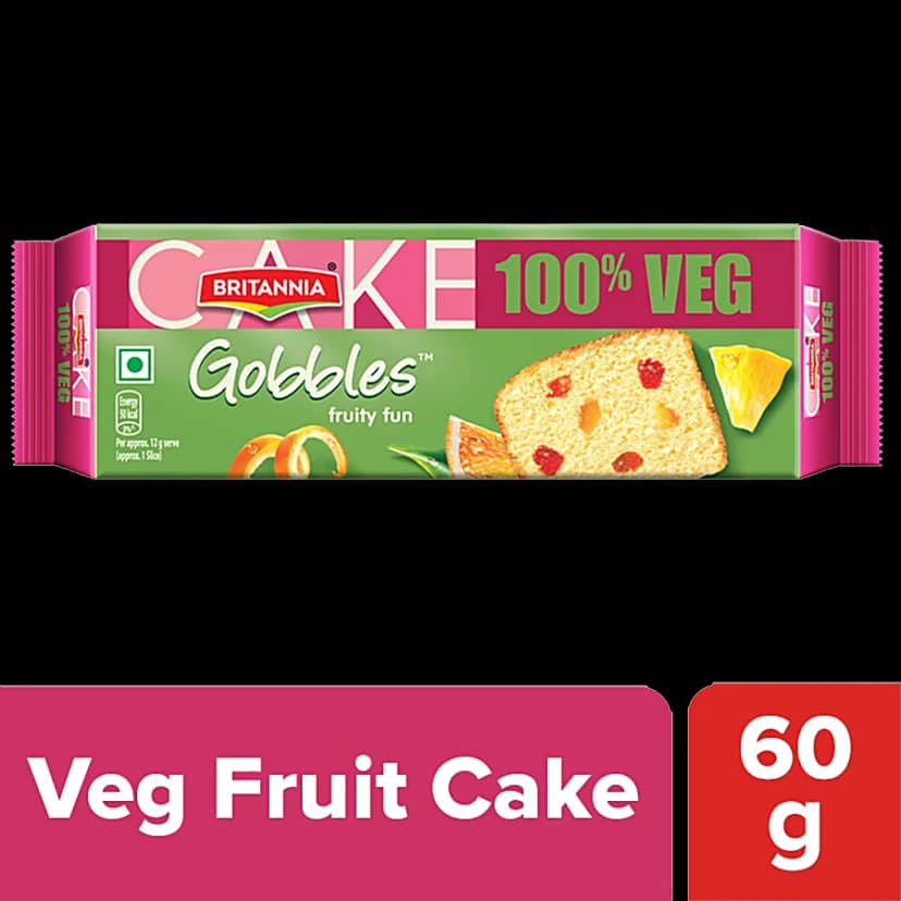 Britannia Gobbles 100% Veg Bar Cake - Fruit, Soft & Fluffy Snack, 60 G