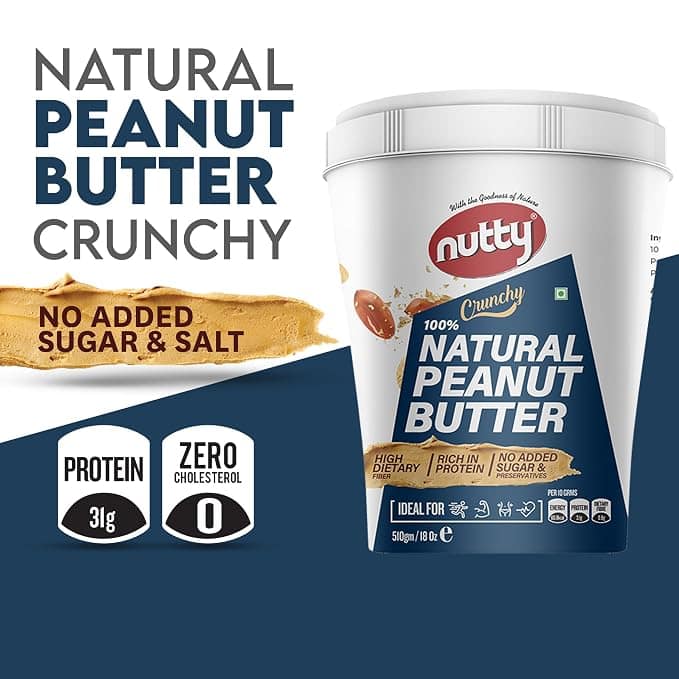 Nutty Natural Peanut Butter Crunchy, 31g Protein, No Added Sugar 100% Non-GMO, Vegan (510g) view 2