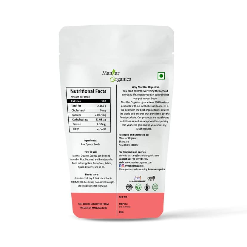 ManHar Organics Gluten Free Quinoa Seeds 2Kg for Weight Management ( pack of 2,1kg each ) view 2