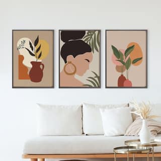 Rustic Charm Set of 3 Minimal BohoFloral Pot Wall Painting for Home Decor | Abstract Plants|13 x 18 inches (A3)|Wenge