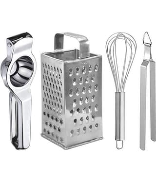 OC9 Silver Stainless Steel Lemon Squeezer+8 in 1 Grater+Whisk+Chimta ( Set of 4 )