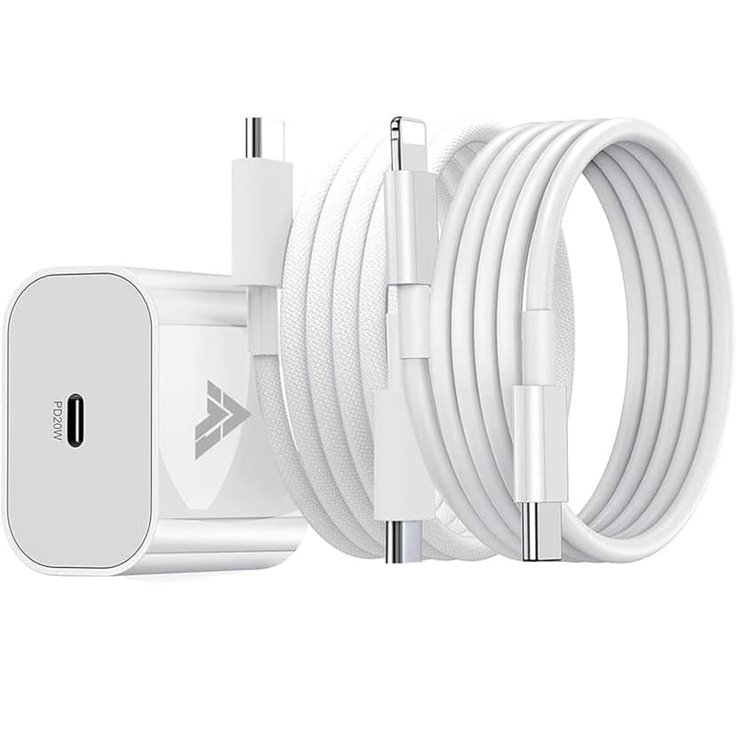 Dr Vaku 20W Fast Charger Adapter for iPhone 17, 16, 15, 14, 13, 12, 11 Series, with 1M Type-C to Lightning Data Cable + 1M Nylon-Braided Type-C to Type-C Data Cable (1 Adapter + 2 Cables)