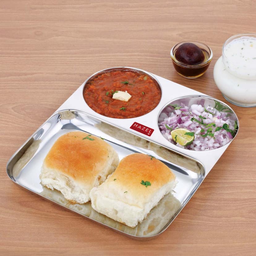 HAZEL Stainless Steel 3 Compartment Plate , Section Thali for Kids & Adults , Rimless Divided Pav Bhaji Tray for Meals & Portion Control