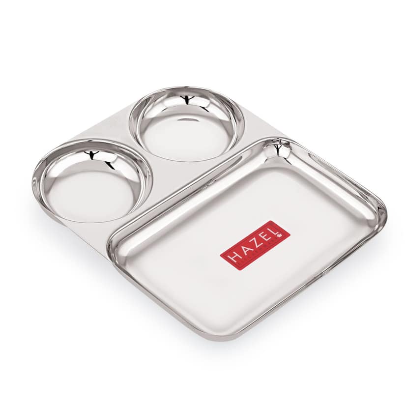 HAZEL Stainless Steel 3 Compartment Plate , Section Thali for Kids & Adults , Rimless Divided Pav Bhaji Tray for Meals & Portion Control view 2
