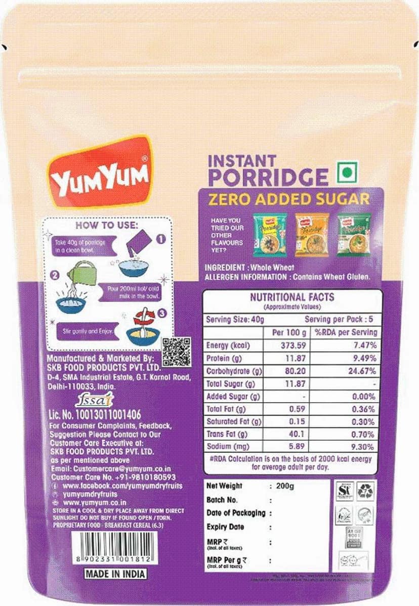 YUM YUM High Fiber Instant Roasted Porridge Zero Added Sugar Breakfast Cereals Pouch - 200g view 2