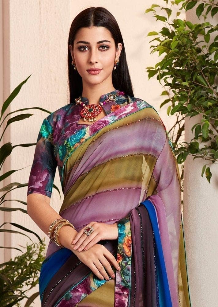 Digital Printed Georgette Saree in Multicolor view 2
