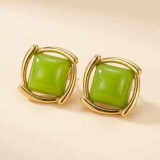 Gold-Rimmed Faux Pearl Square Studs - Green | Gold-Tone Anti-Tarnish Imitation Jewellery