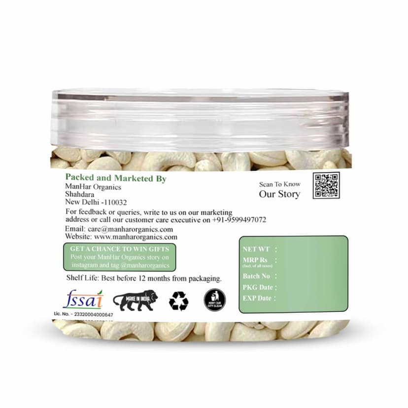 ManHar Organics Pure Whole Cashew (Kaju) Jar 200gm | Premium Nuts & Dry Fruits | Rich in Fibre, Vitamin E, K, B6 | Boost Immunity| Healthy Snacks | Dry Fruit Gift Pack view 2