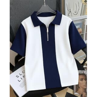 Ausk Mens Blue, White Checkered Cotton Blend Polo T-Shirt