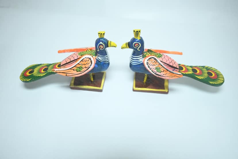 Icrafts Handmade Wooden Multicolor Peacock Pair (L: 15.24 cm × B: 5.08 cm × H: 8.09 cm, Weight: 90 g) – Eco-Friendly Traditional Wooden Decorative Toy view 2