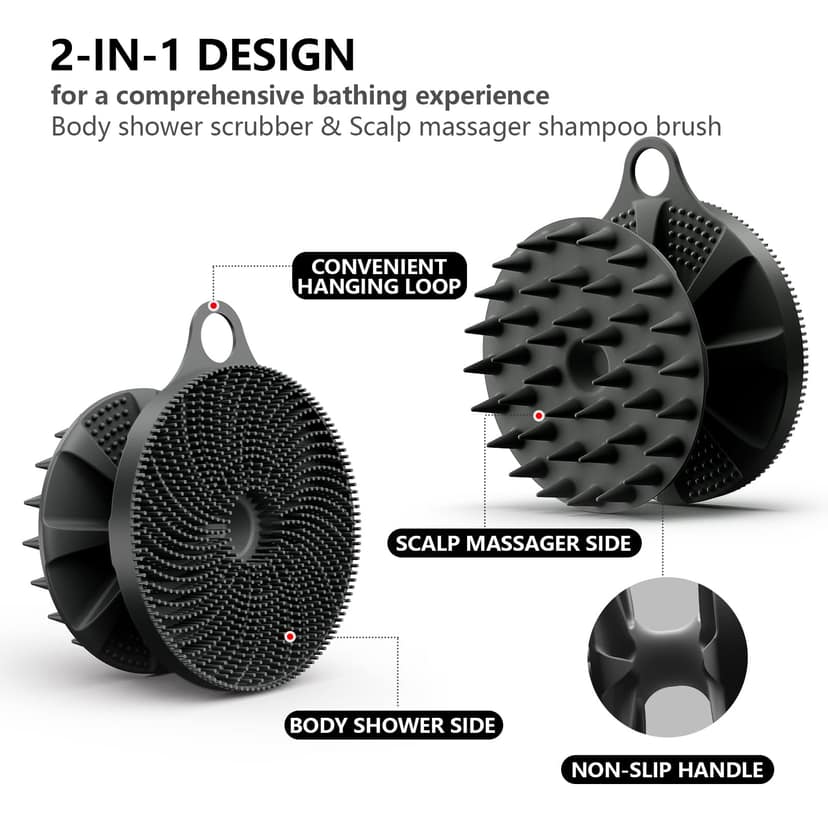 BEAUTAIL 2 In 1 Silicone Brush, Body Shower Scrubber And Scalp Hair Massager Shampoo Brush, Deeply Cleansing Skin, Dandruff Removal And Hair Growth, Gentle For Women Men Sensitive Skin (Black) BEAUTAIL 2 In 1 Silicone Brush, Body Shower Scrubber And Scal view 2