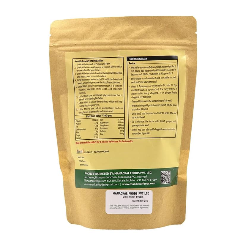Little Millet Whole Grain 500g | Natural & Unpolished Gluten-Free Superfood | High Fibre, Protein & Iron | Healthy Millet Rice Alternative view 2