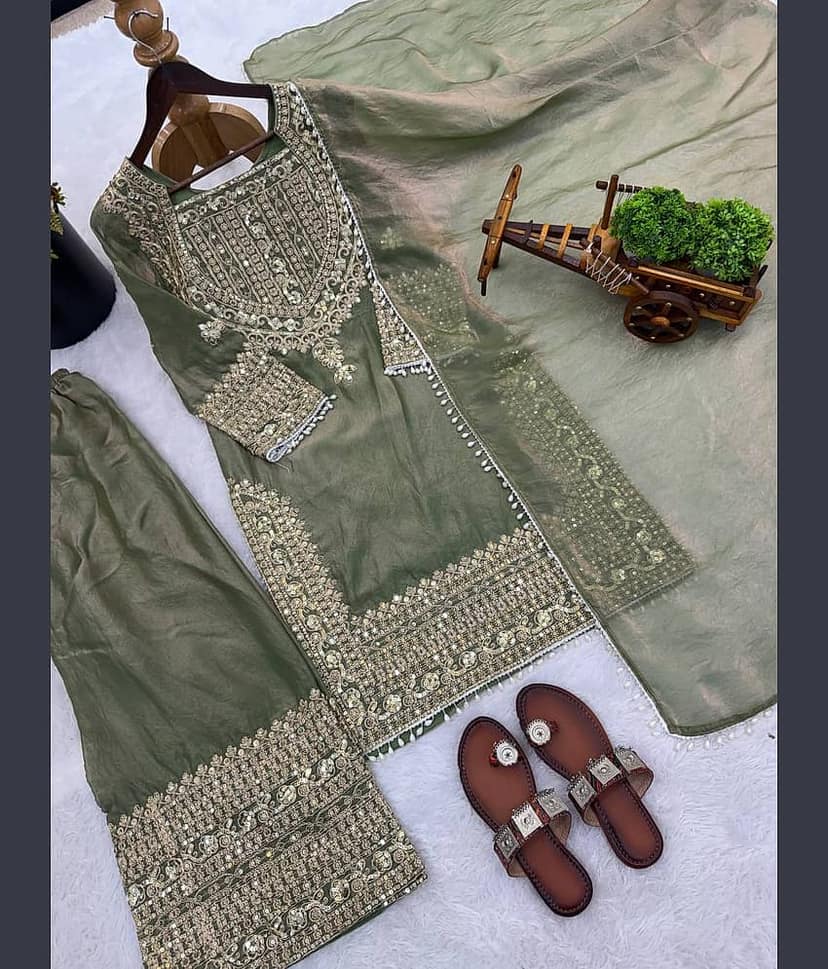 BHAGYASHRAY Women Silk Embroidered Ethnic Motifs Kurti With Patiala Salwar ( Sea Green ) view 2