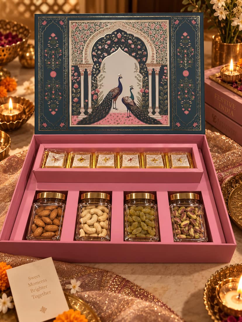 Ghasitaram's Royal Navy & Pink Peacock Hamper – Silver Vark Kaju Katli, Almonds, Cashews, Raisins & Pistachios