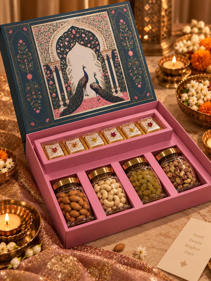 Ghasitaram's Royal Navy & Pink Peacock Hamper – Silver Vark Kaju Katli, Almonds, Cashews, Raisins & Pistachios view 2