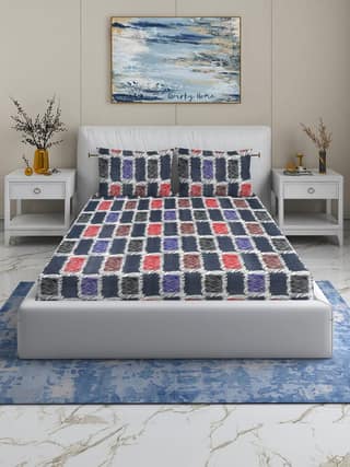 Quirky Home Fantasy Collection Premium Cotton Blend 180 TC Fitted Double Wrinklefree Bedsheet with 2 Pillow Covers, Grey Check