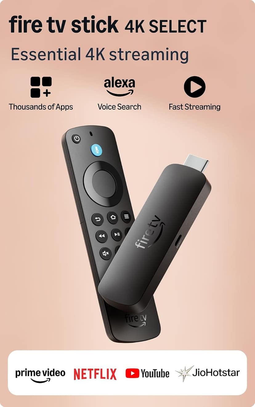 Amazon Fire TV Stick 4K Select (newest model), start streaming in 4K, Alexa voice search, stream lakhs of movies & episodes, free and live TV Amazon Fire TV Stick 4K Select (newest model), start streaming in 4K, Alexa voice search, stream lakhs of movies