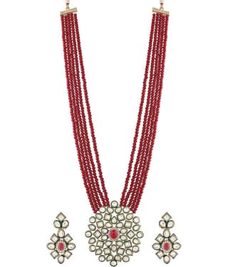Jewar Mandi - Green Brass Necklace Set ( Pack of 1 )