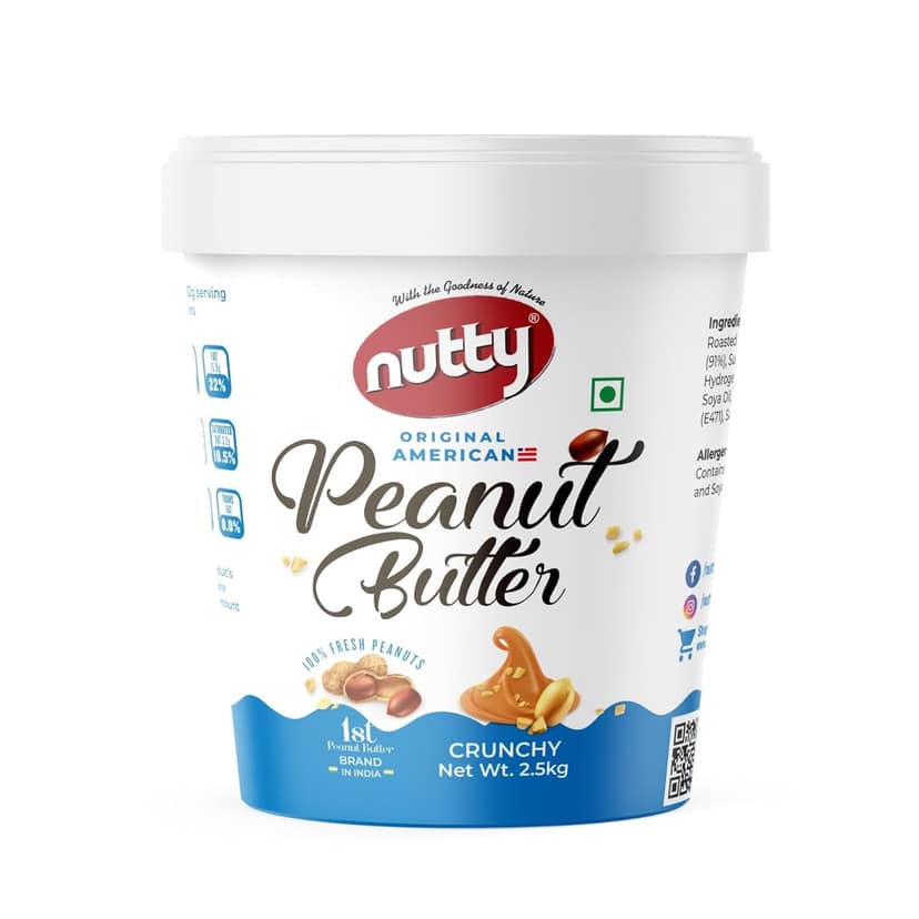 Nutty Crunchy Peanut Butter 2.5kg | 100% Roasted Peanuts | High Protein Peanut Butter Crunchy | Gluten-Free & Vegan | 2.5kg Jar
