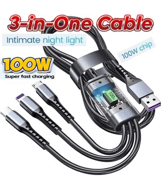 100w 3-in-1 LED Display 3A Fast Charging Cable Usb Type C Micro Charger Cable Braided Cable